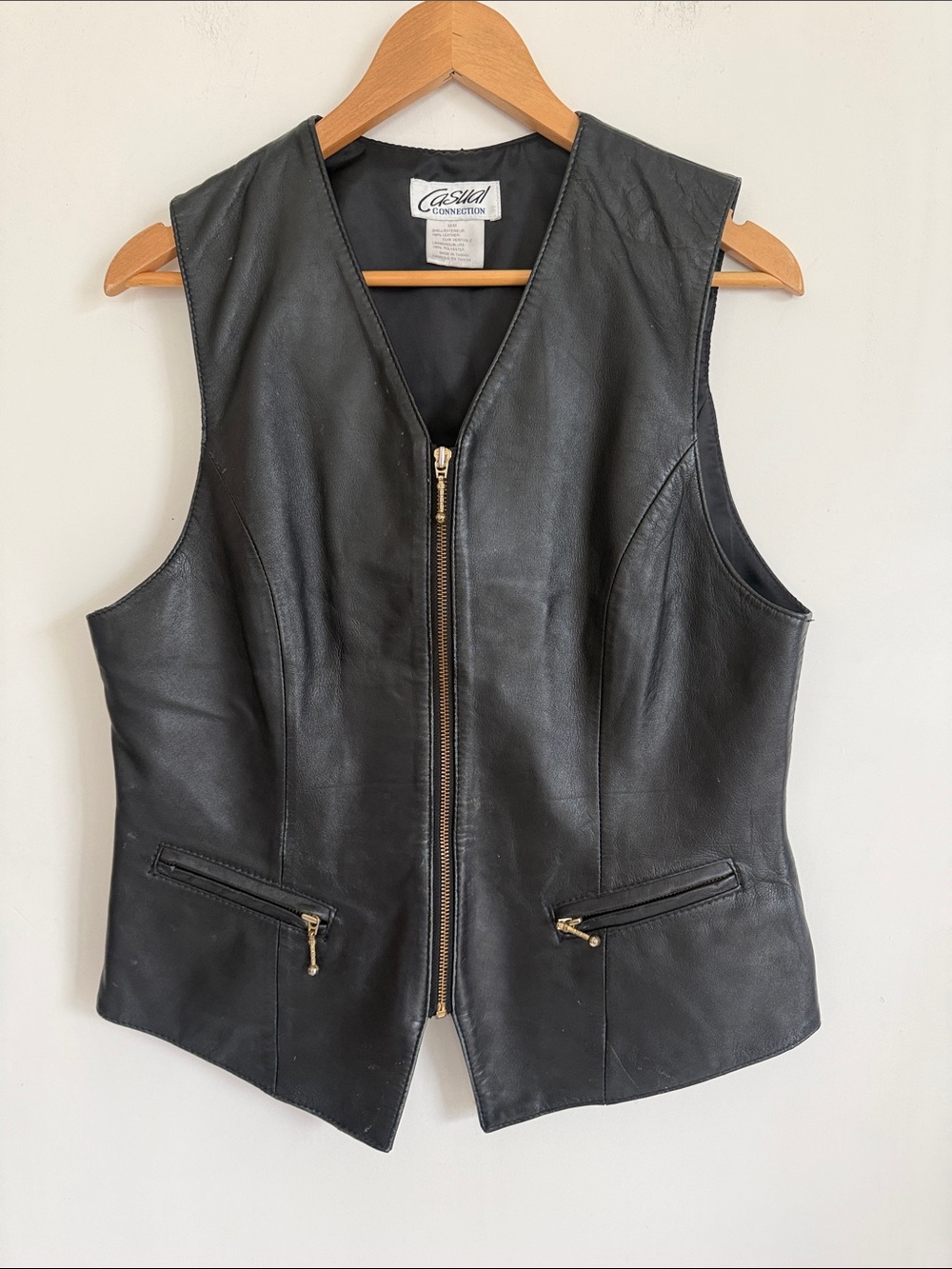 Casual Connection Women Black Leather Lined V Neck Biker Moto Vest Size Medium